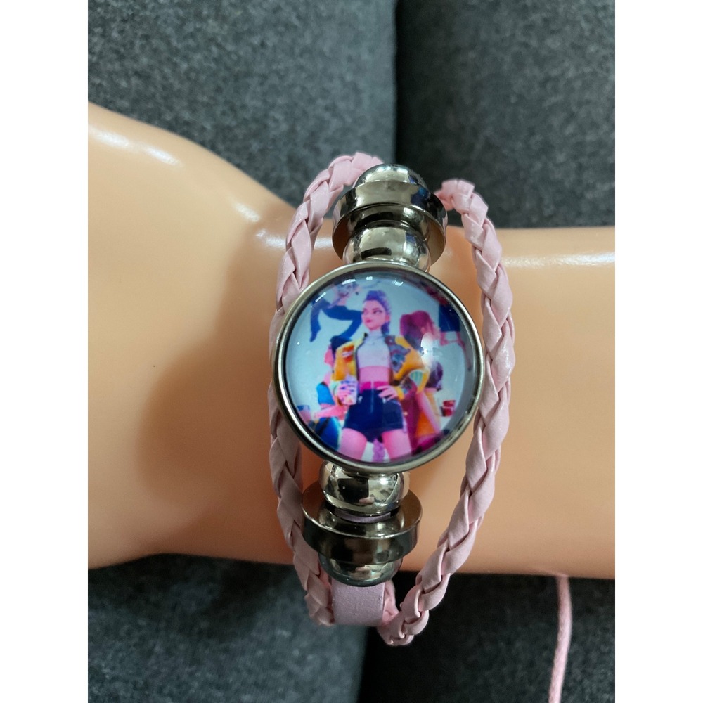 Pink Braided Faux Leather K-Pop Charm Bracelet Adjustable Snap Button Jewelry #1